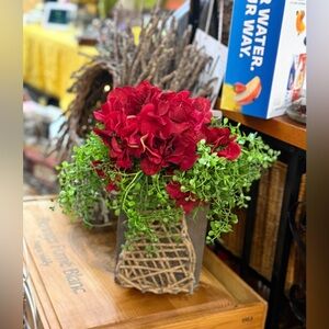 Handcrafted Twine Vase With Red Hydrangeas